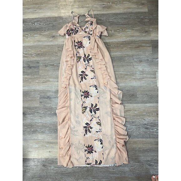 TJD The Jetset Diaries Sz S Beige Ruffled Floral Print Long Maxi Dress V Neck - Picture 16 of 16